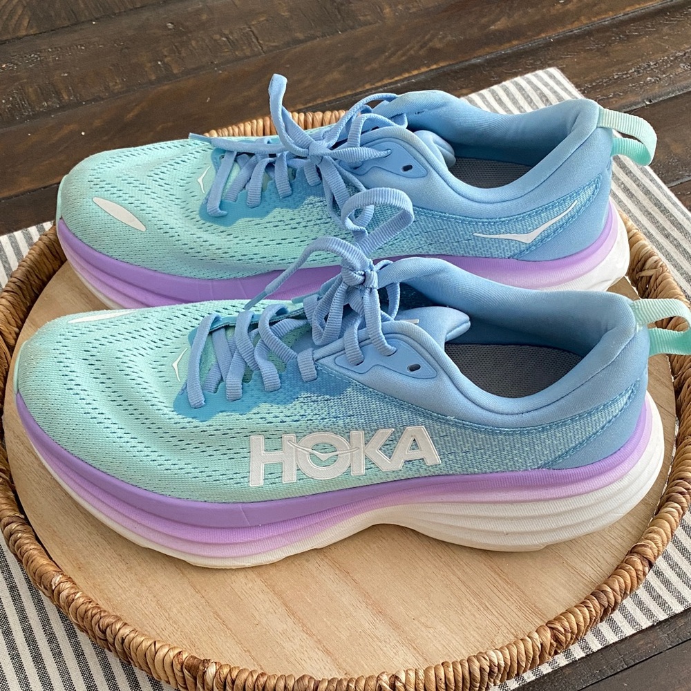 Women’s HOKA BONDI 8 Sky Blue and Lavender Sneakers, Size 8.